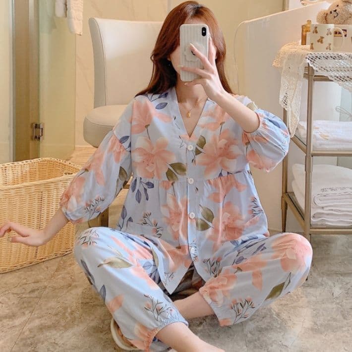 レディース ルームウェア ふんわりぺプラム前開きパジャマ