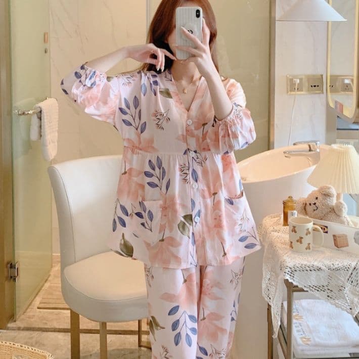レディース ルームウェア ふんわりぺプラム前開きパジャマ