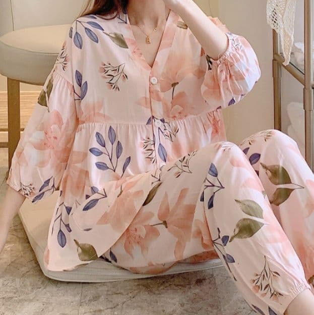 レディース ルームウェア ふんわりぺプラム前開きパジャマ