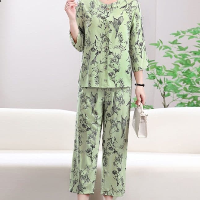 レディース ルームウェア 柄シルエット 前開きパジャマセット