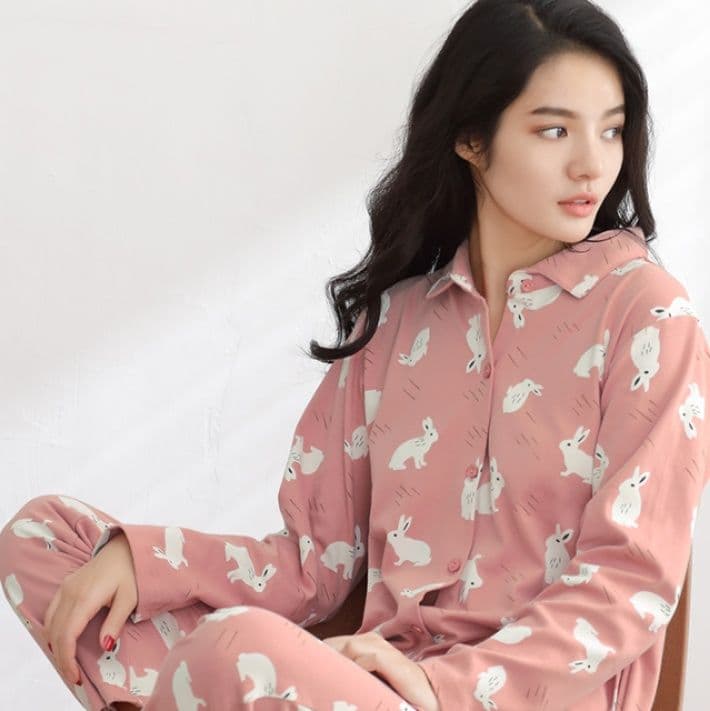 レディース ルームウェア うさぎ柄シャツワンピース 長袖パジャマ