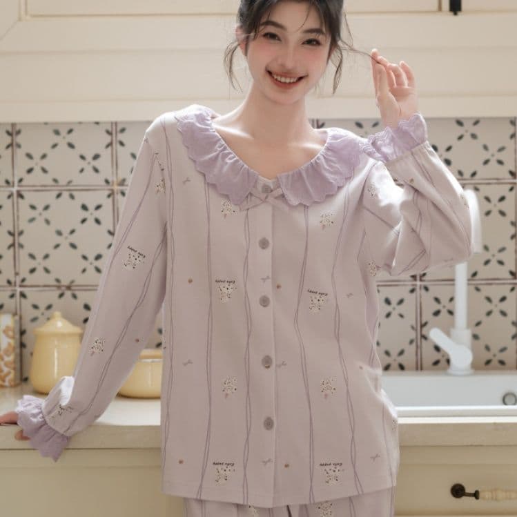 レディース ルームウェア 優美フリル襟 花柄ストライプ長袖パジャマ