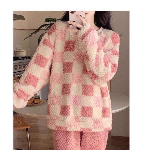 レディース ルームウェア チェック柄もこもこ厚手パジャマセットアップ4色展開