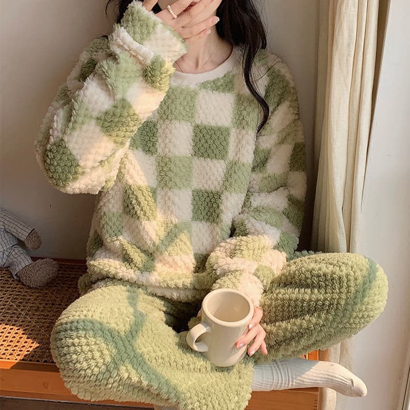 レディース ルームウェア チェック柄もこもこ厚手パジャマセットアップ4色展開