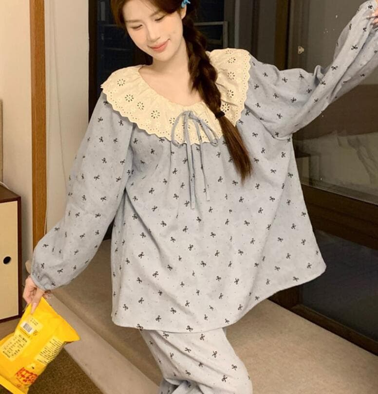 レディース ルームウェア 花柄パジャマ上下セット襟付き