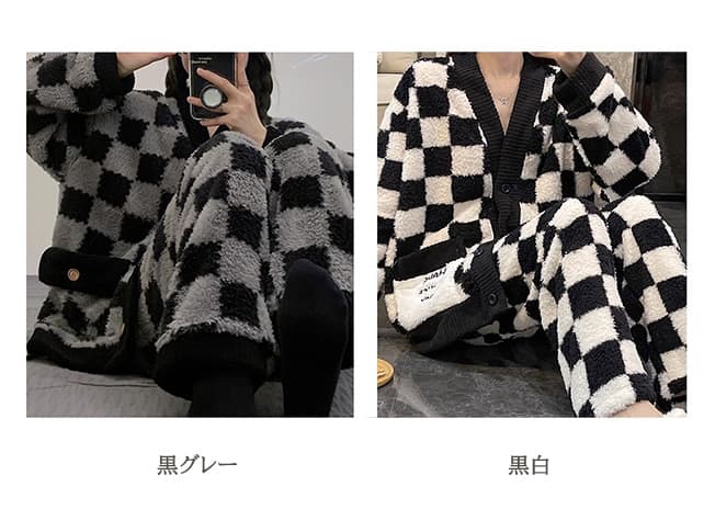 レディース ルームウェア 新作秋冬 チェック柄ふわふわ厚手パジャマ 長袖上下セット