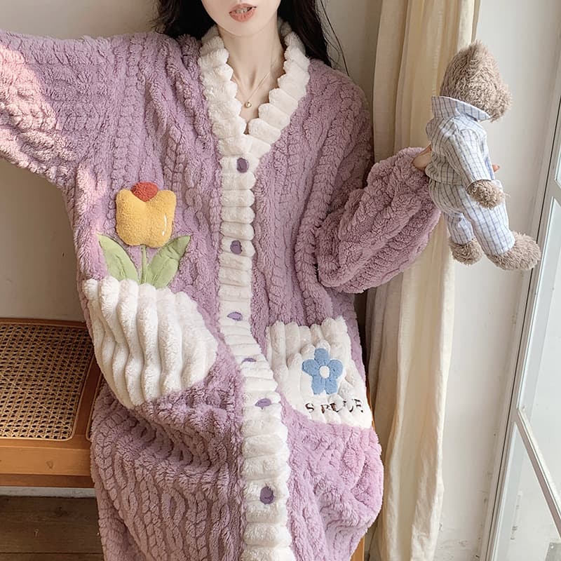 レディース ルームウェア もこもこ暖か前開きパジャマ6色展開女性用部屋着